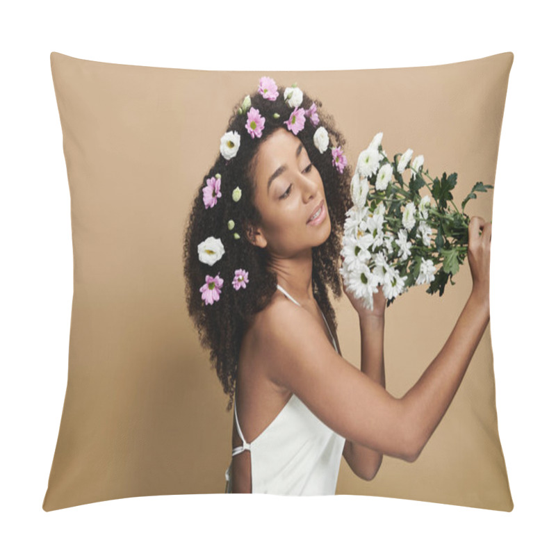 Personality  An African American Woman With Natural Makeup And Flowers In Her Hair Poses Against A Beige Background. Pillow Covers