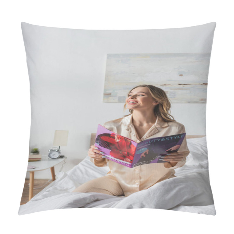 Personality  Smiling Woman In Pajama Holding Magazine On Bed  Pillow Covers