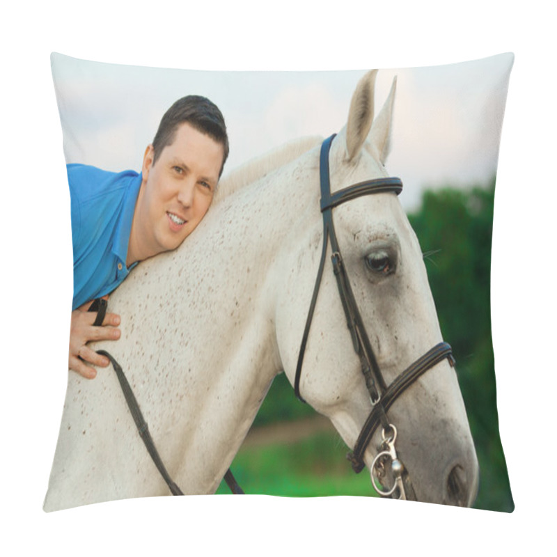 Personality  Young Man Riding A Horse At Sunset On The Beach. Man With A Hors Pillow Covers