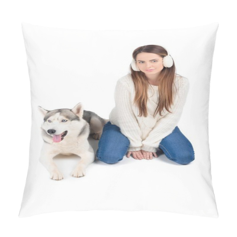 Personality  Siberian Husky Dog And Attractive Woman In Winter Earmuffs, Isolated On White Pillow Covers