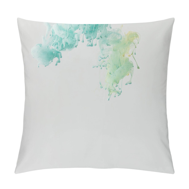 Personality  Light Turquoise Paint Flowing In Water With Drops, Isolated On Grey Pillow Covers