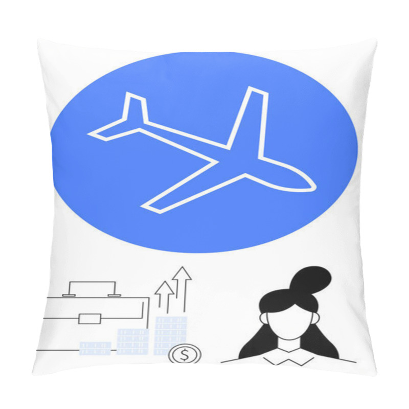 Personality  Airplane In Blue Circle, Briefcase With Graphs And Dollar Sign Icon, And Businesswoman Silhouette. Ideal For Travel, Finance, Corporate Strategy, Business Planning, Growth, Investments Partnerships Pillow Covers