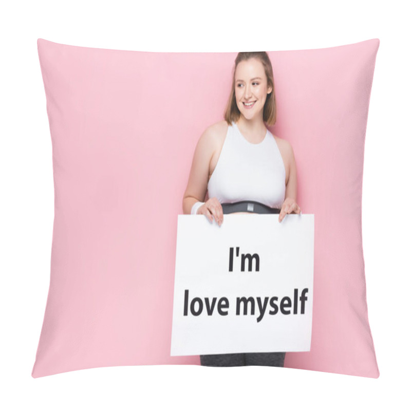 Personality  Smiling Overweight Girl Holding Placard With I Love Myself Inscription On Pink Pillow Covers