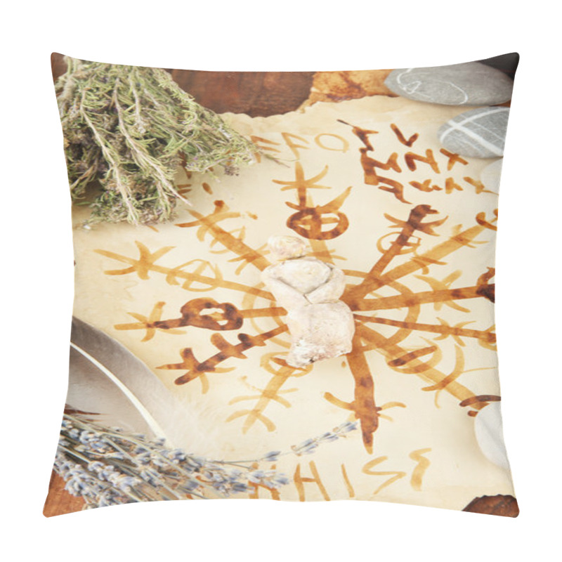 Personality  Composition With Old Papers, Herbs, Stones And Bottles With Symbols On Wooden Background Pillow Covers