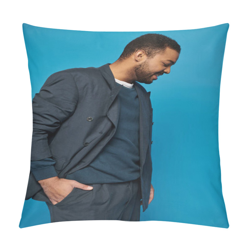 Personality  African American Man In Dark Blue Outfit Stand To Sideways And Look To Down With Hand In Pocket Pillow Covers