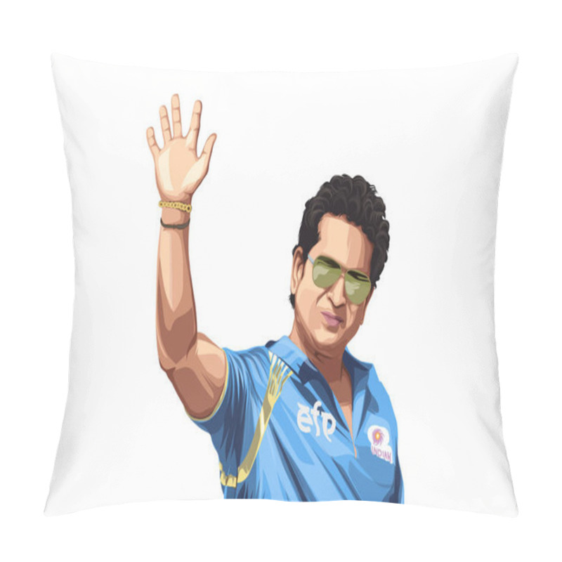 Personality  Vector Cartoon Illustration Of Indian Former Cricketer And Captain Sachin Tendulkar Wearing The Blue Jersey. Isolated On A White Background. Pillow Covers