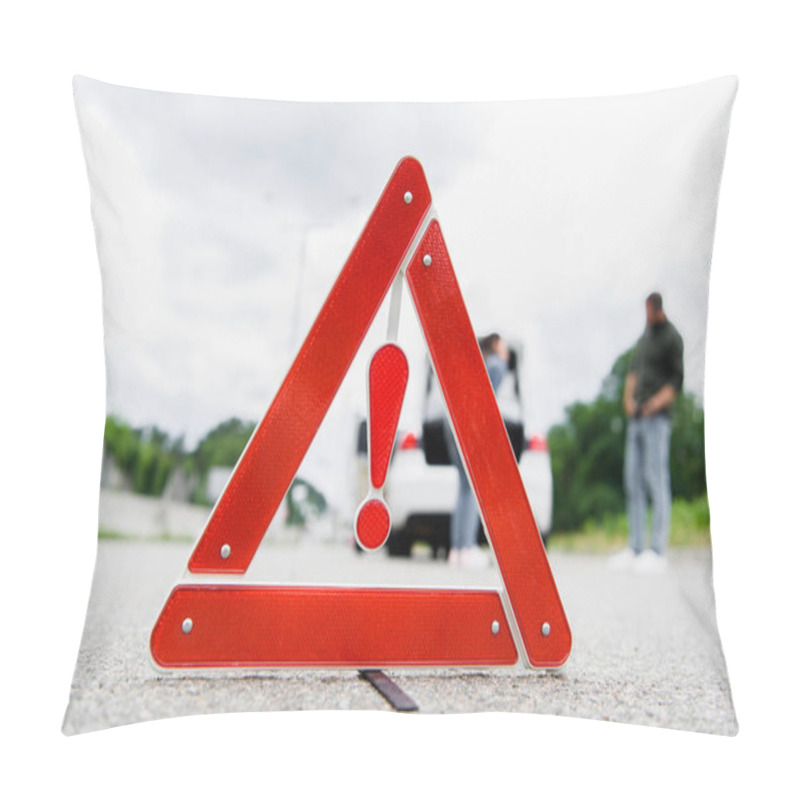 Personality  Man And Woman Standing On Road With Red Stop Sign On Foreground Pillow Covers