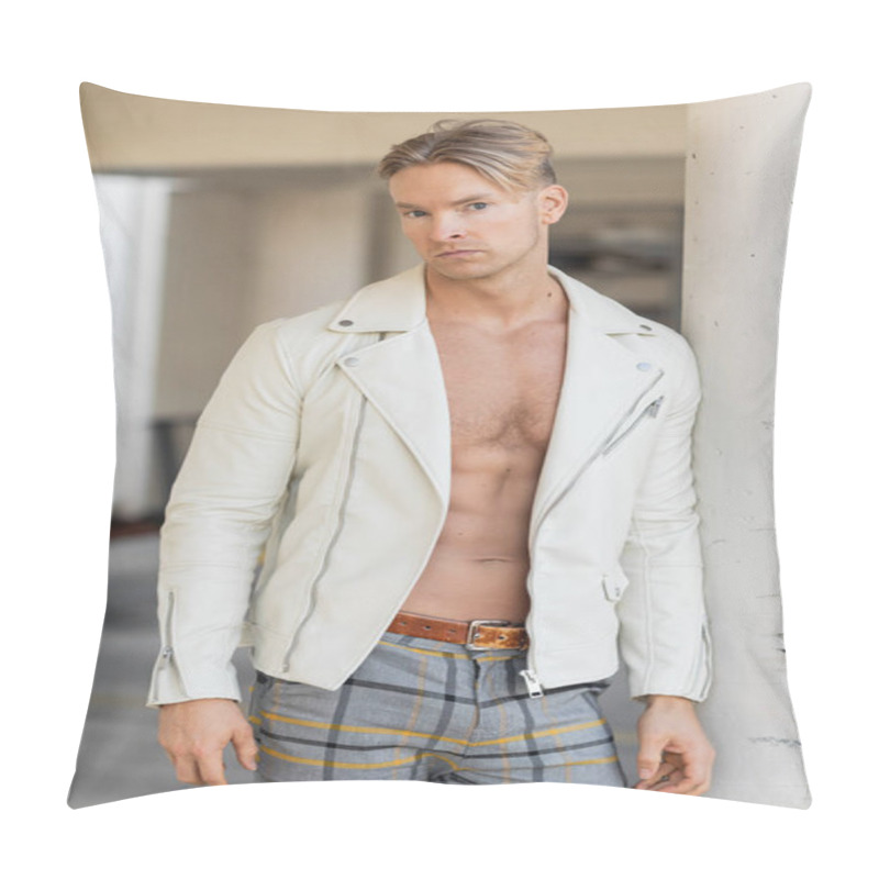 Personality  A Handsome Blonde Man Poses In A White Leather Jacket And Plaid Pants On A Street In Florida. Pillow Covers