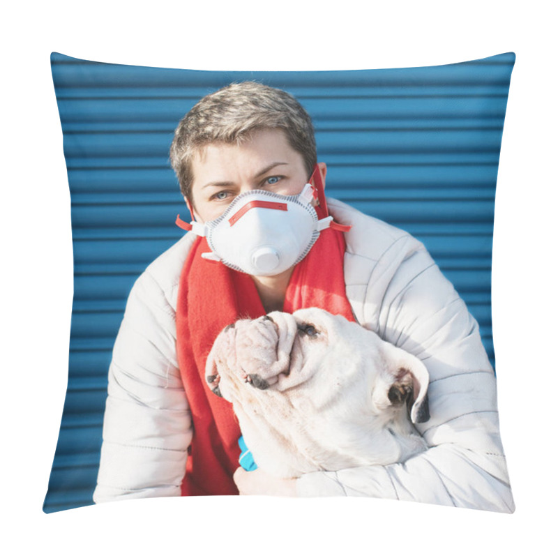 Personality  Portrait Of Woman Wearing White And Red A Face Mask, And Red Scarf, Stroking And Hugging Dogs Against The Blue Background Pillow Covers