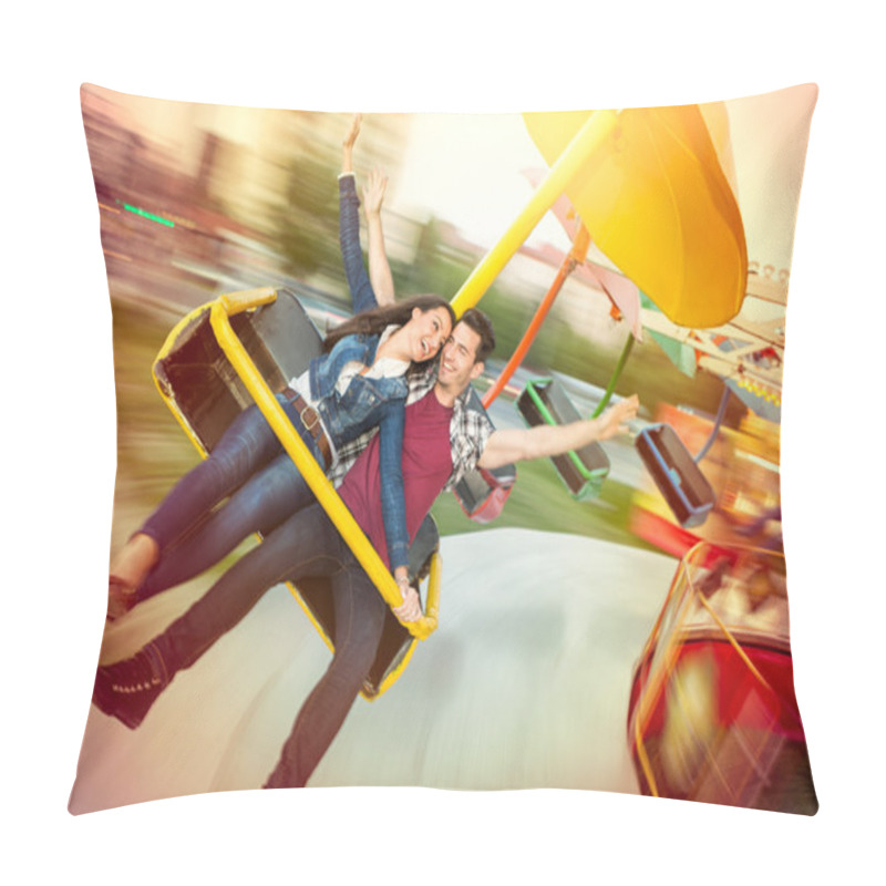 Personality  Young Happy Couple Having Fun At Amusement Park Pillow Covers