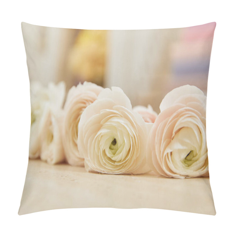 Personality  Close Up Of White Peonies On Table Surface Pillow Covers