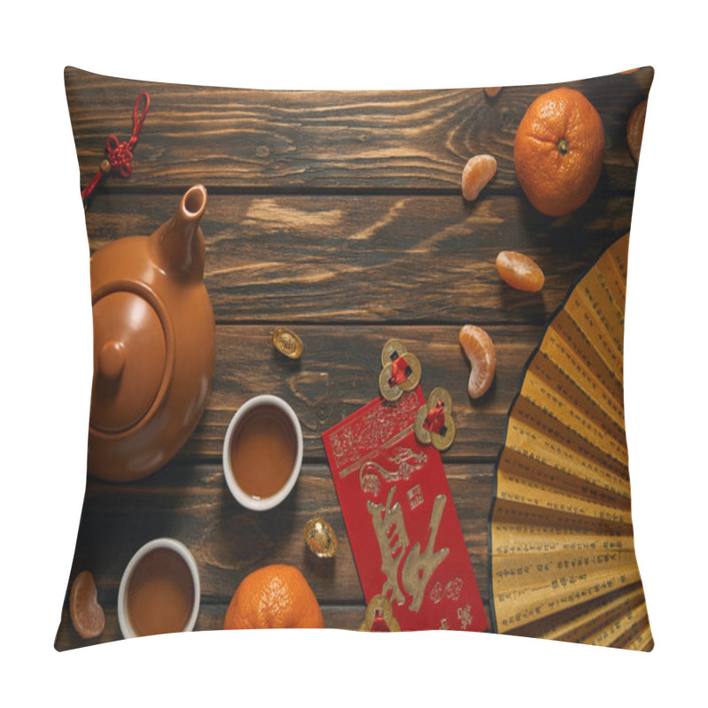 Personality  Top View Of Fan With Hieroglyphs, Golden Chinese Decorations, Tea Set And Tangerines On Wooden Table  Pillow Covers