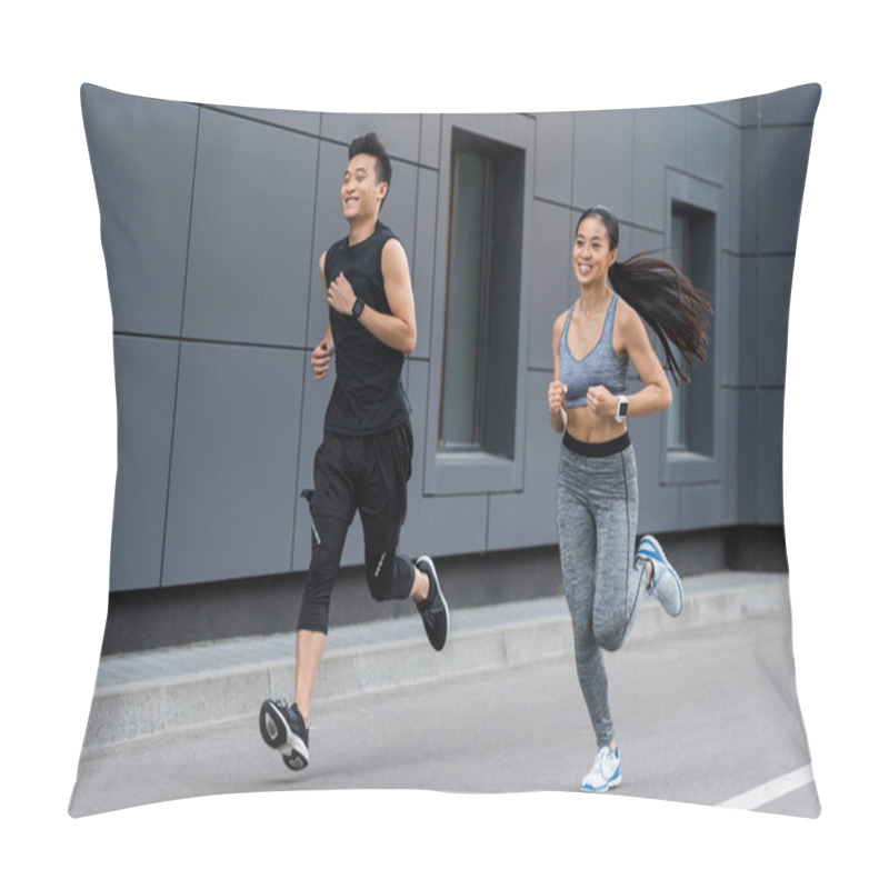 Personality  Smiling Asian Female And Male Athletes Running At Urban Street  Pillow Covers