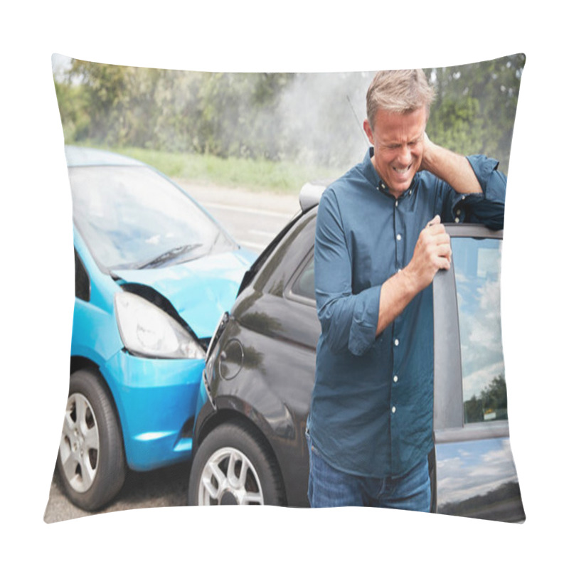 Personality  Mature Male Motorist With Whiplash Injury In Car Crash Getting Out Of Vehicle Pillow Covers