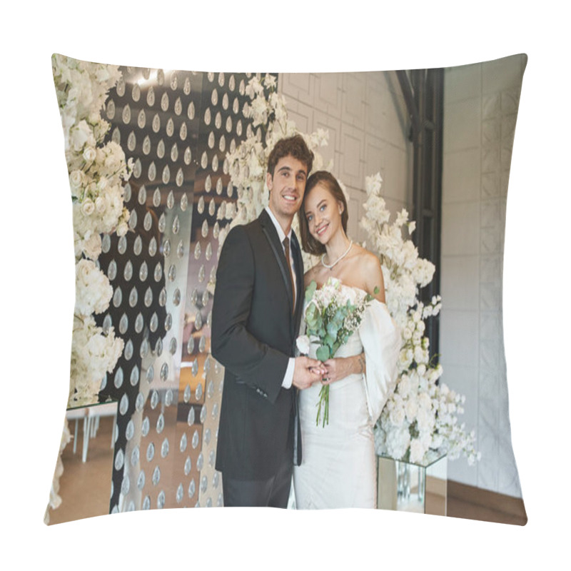 Personality  Happy And Elegant Newlyweds Looking At Camera In Wedding Hall Decorated With White Blooming Flowers Pillow Covers