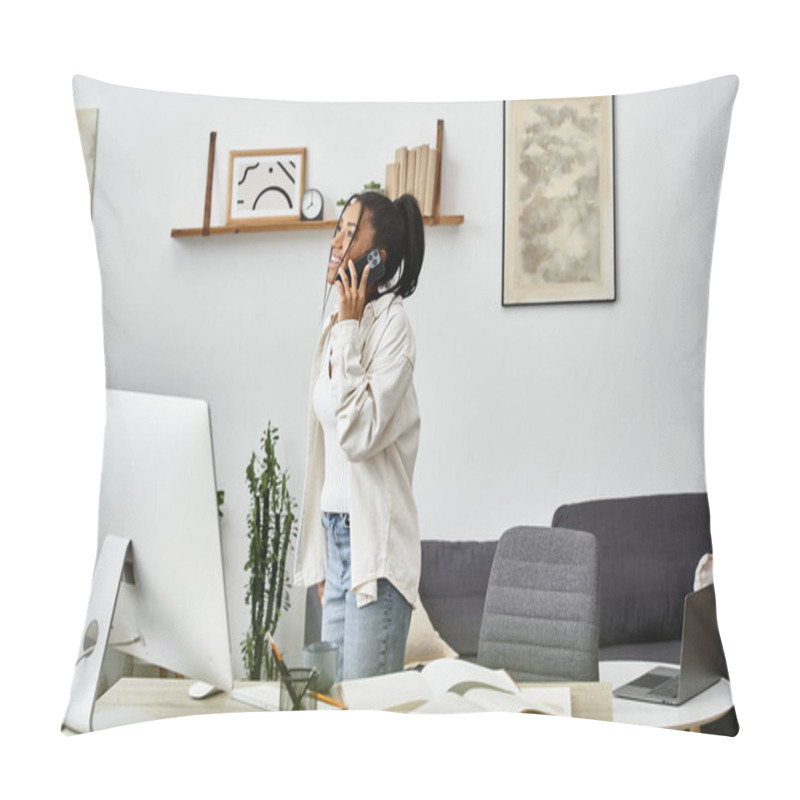 Personality  A Young Woman Stands In Her Stylish Home Workspace, Studying And Talking On The Phone. Pillow Covers