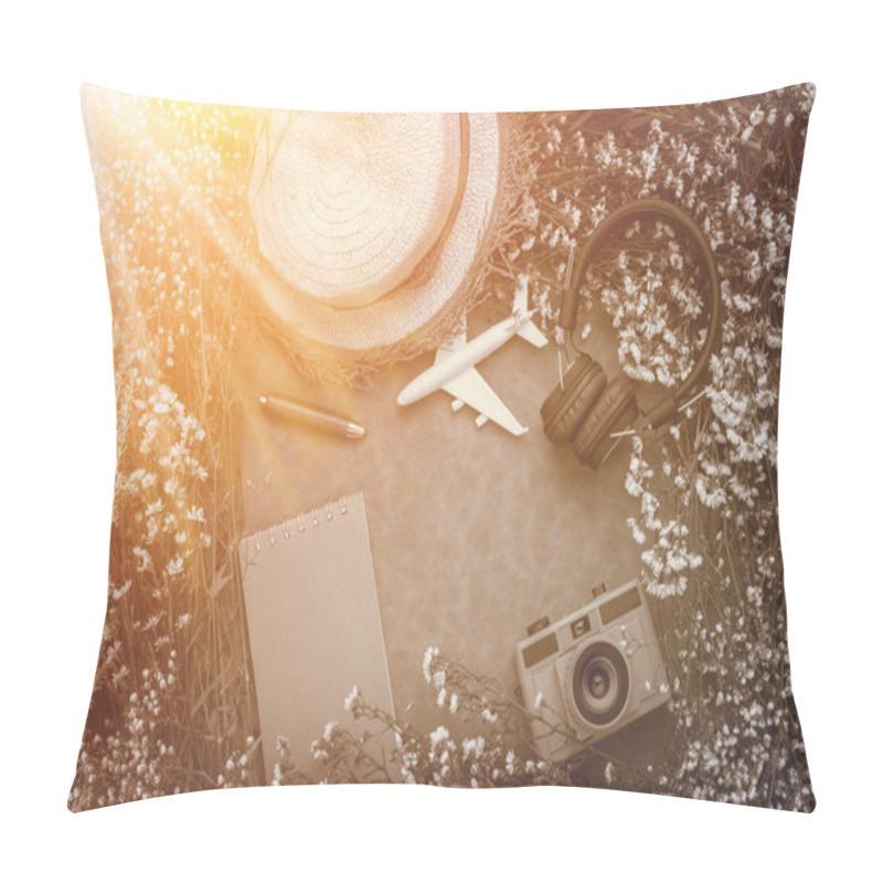 Personality  Summer Travel Object Composition Of Headphone Toy Camera Flowers Pillow Covers