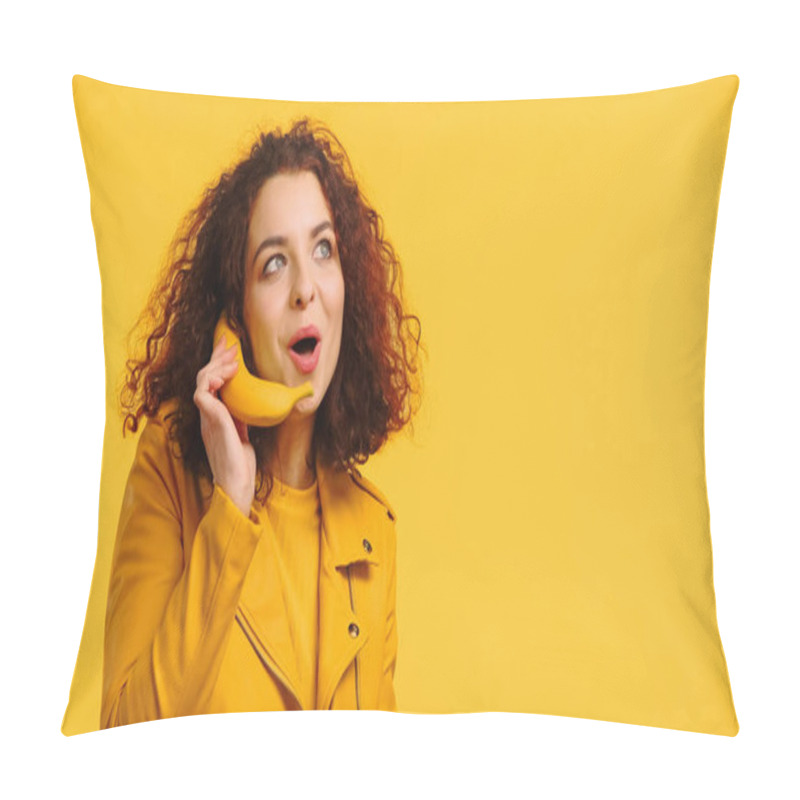 Personality  Positive Woman Imitating Phone Conversation With Banana Isolated On Yellow Pillow Covers