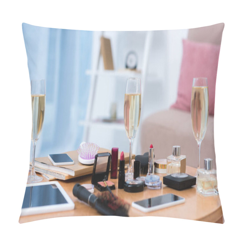 Personality  Close-up View Of Digital Devices, Glasses Of Champagne And Various Cosmetics On Table    Pillow Covers