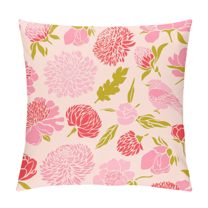 Personality  Seamless Pattern With Birds And Flowers. Peony, Chrysanthemum, Clover, Tulip. Vector Illustration. Pillow Covers