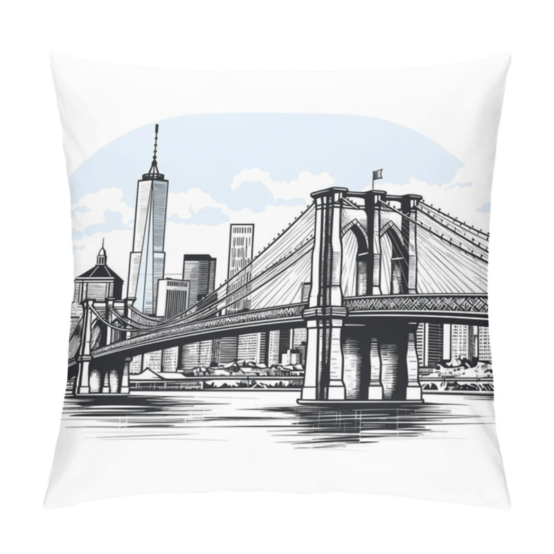 Personality  Brooklyn Bridge Hand-drawn Comic Illustration. Brooklyn Bridge. Vector Doodle Style Cartoon Illustration Pillow Covers