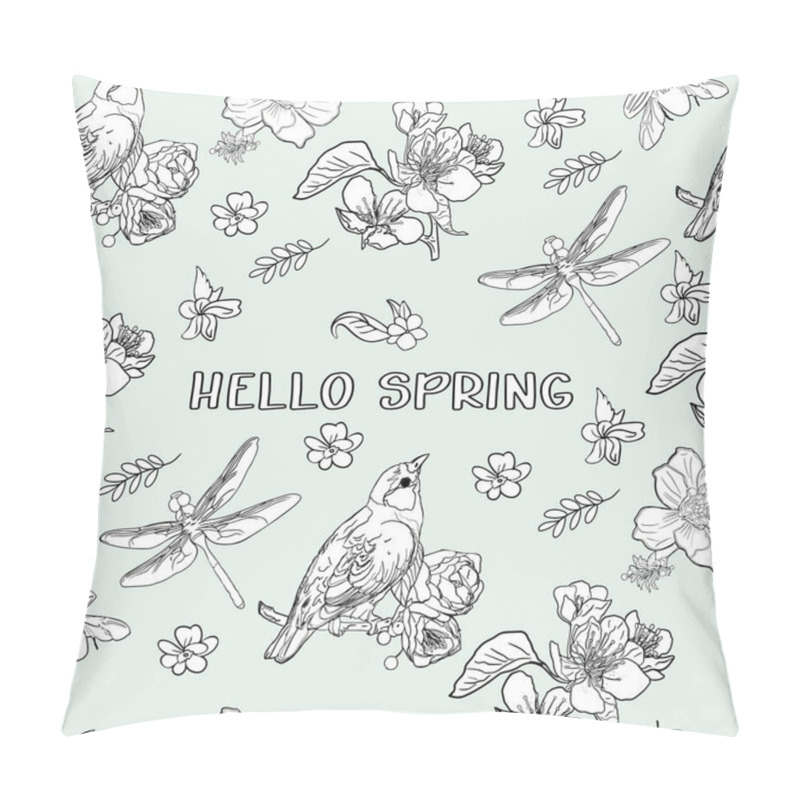 Personality  Spring-themed Hand-drawn Illustration Featuring Flowers, Birds, And Insects On A White Background. Hand-Drawn Spring Illustration With Flowers, Birds, And Insects.Spring Flowers, Birds, And Insects On Pillow Covers