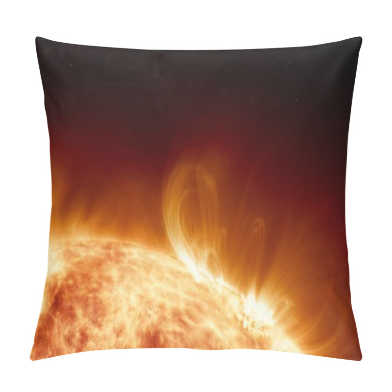 Personality  Earth's Sun In Outer Space. Artistic Concept 3D Illustration As Lower Third Shot Of Solar Surface With Powerful Bursting Flares And Star Protuberances Erupting With Magnetic Storms And Plasma Flashes. Pillow Covers