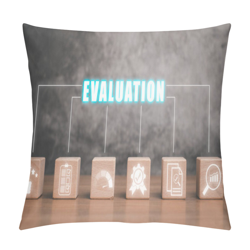 Personality  Evaluation Concept, Wooden Block On Desk With Evaluation Icon On Virtual Screen. Pillow Covers