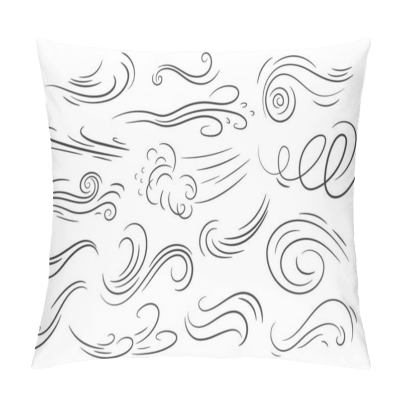 Personality  Doodle Air Wind Motions. Isolated Vector Set Of Abstract Swirls, Blow Waves, Curve Spirals In Black Colors, Capturing The Dynamic Essence Of Movement And Energy In A Playful And Artistic Manner Pillow Covers