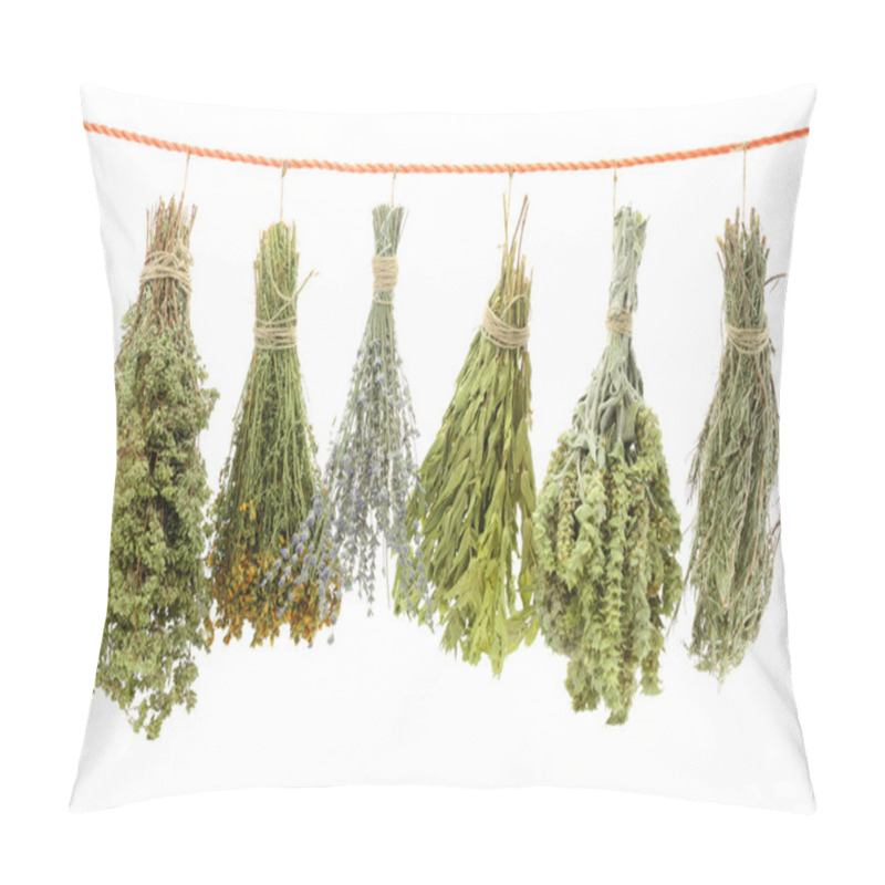 Personality  Variety Of Dried Herbs Hanging On A Rope Pillow Covers