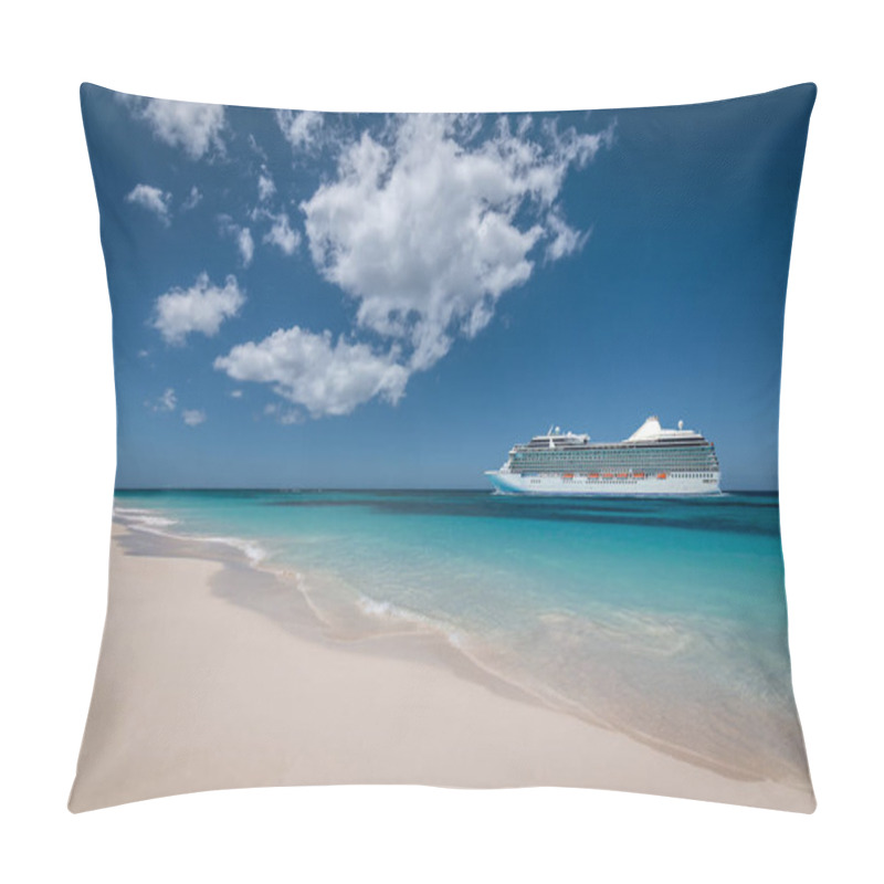 Personality  Summer Cruise Vacation And Tourism Concept. Side View Of Cruise Ship At The Beach. Pillow Covers