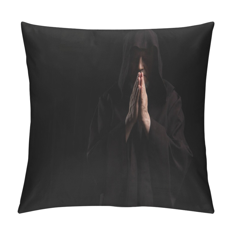 Personality  Front View Of Mysterious Monk In Hooded Cassock Praying Isolated On Black Pillow Covers