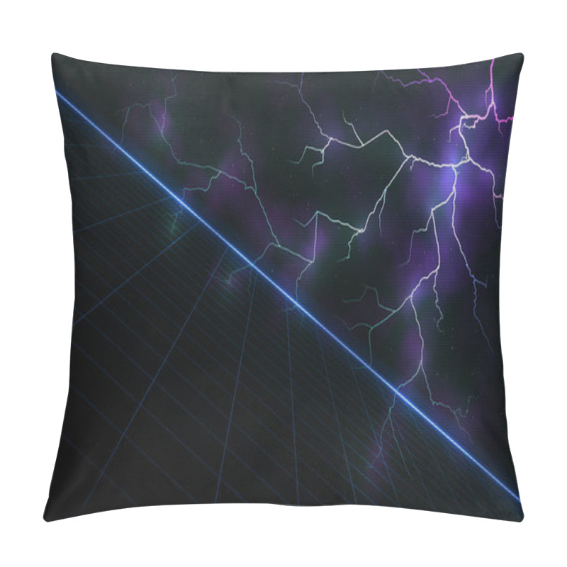 Personality  Synthwave Vaporwave Retrowave Background With Blue Laser Grid And Lightning Glowing In Clouds In Starry Space. Design For Poster, Cover, Wallpaper, Web, Banner, Etc. VHS Effect. Eps 10. Pillow Covers