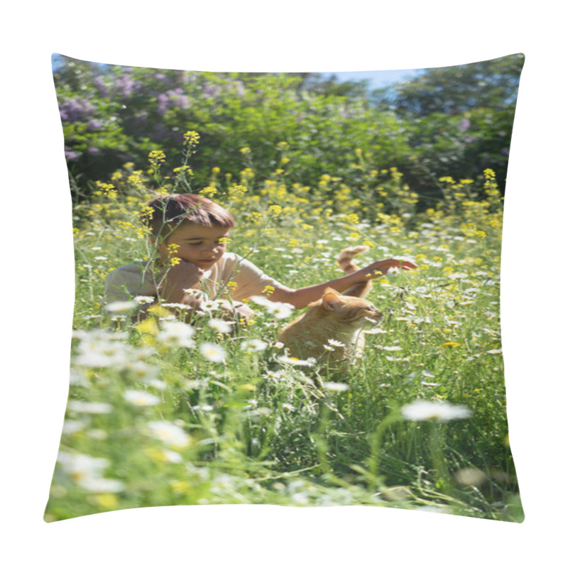 Personality  Young Boy Petting Ginger Cat In Wildflower Meadow On Sunny Day Pillow Covers