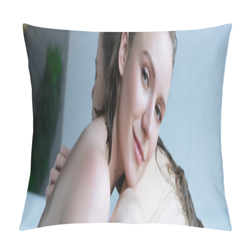 Personality  Happy Young Woman Embracing Lesbian Partner In Bathroom And Looking At Camera, Banner Pillow Covers