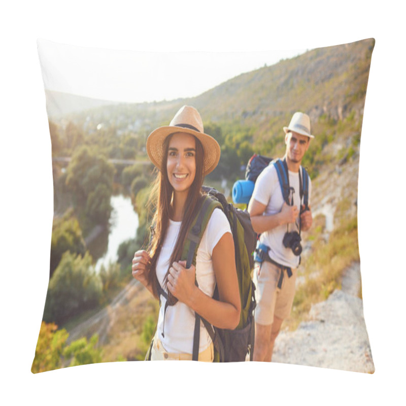 Personality  Couple Hikers With Backpack On Hike In Nature Pillow Covers