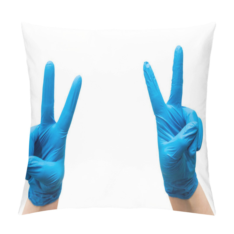 Personality  Hands Of Doctor With Protective Blue Gloves Making Victory Sign. Healing Concept, Beating, Defeating Coronavirus. Pillow Covers