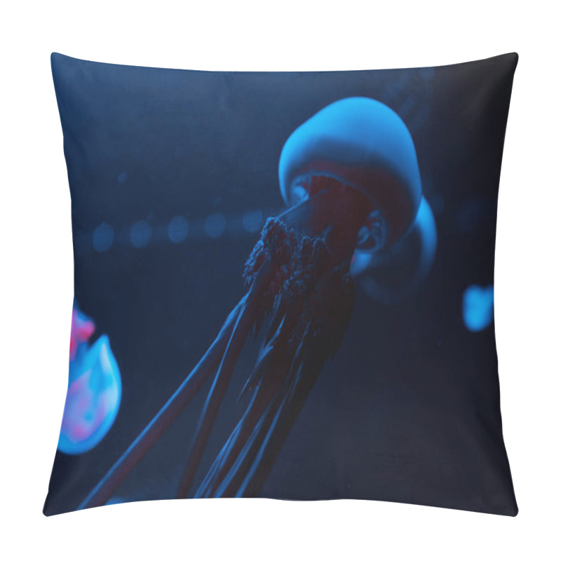 Personality  Jellyfishes In Blue And Pink Neon Lights On Black Background Pillow Covers