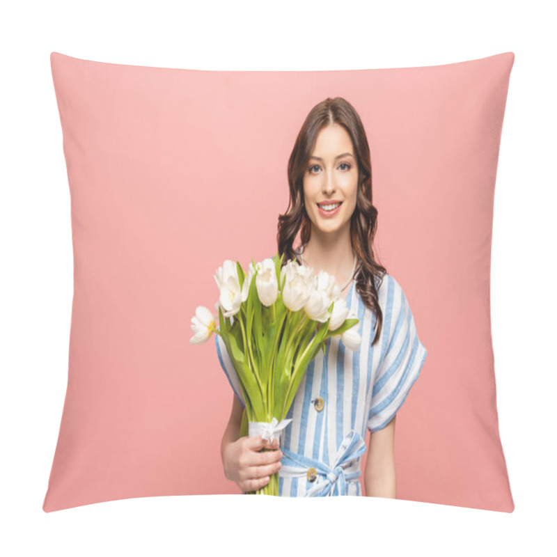 Personality  Cheerful Girl Smiling At Camera While Holding Bouquet Of White Tulips Isolated On Pink Pillow Covers