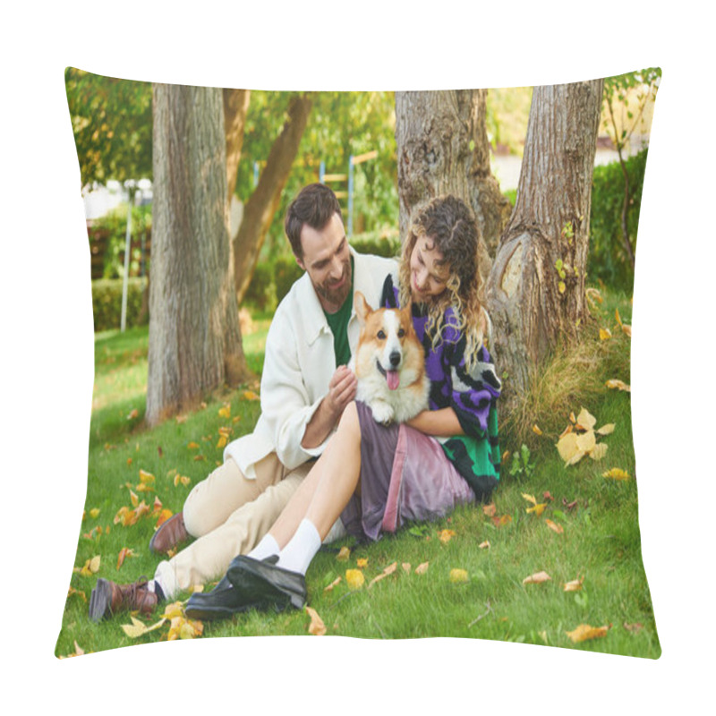 Personality  Happy Man And Curly Woman In Cute Outfit Cuddling Corgi Dog And Sitting Near Tree In Autumnal Park Pillow Covers