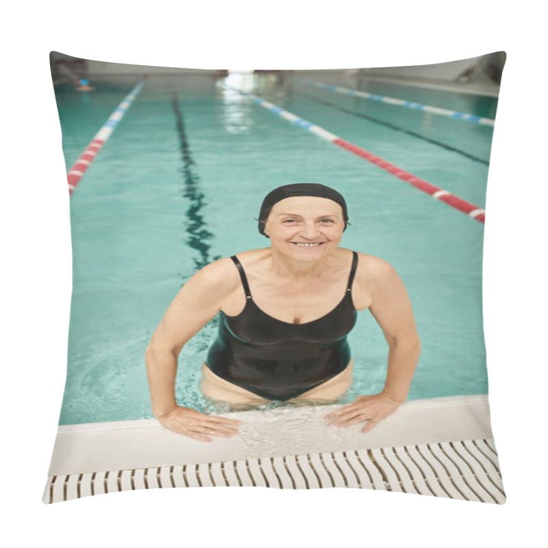 Personality  Cheerful Middle Aged Woman In Swim Cap And Goggles At Poolside, Smiling, Recreation Center, Spa Pillow Covers