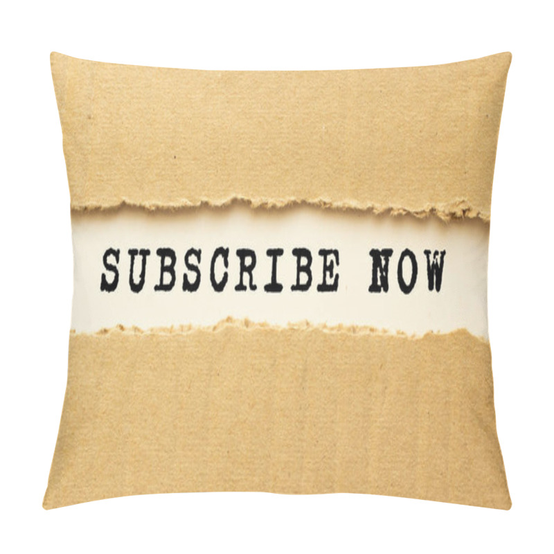 Personality  Text SUBSCRIBE NOW Appearing Behind Torn Brown Paper. Pillow Covers