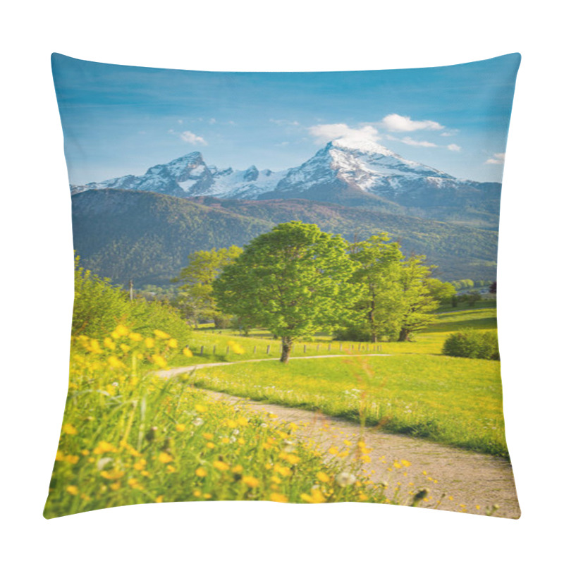 Personality  Beautiful View Of Idyllic Alpine Mountain Scenery With Blooming Meadows And Snowcapped Mountain Peaks On A Beautiful Sunny Day With Blue Sky In Springtime Pillow Covers