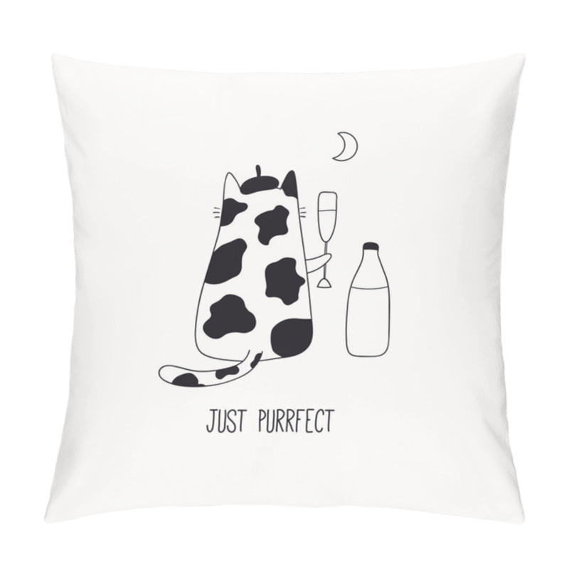 Personality  Hand Drawn Black And White Vector Illustration Of A Cute Funny Cat In A Beret Drinking Milk With Quote Just Purrfect Isolated On White Background Pillow Covers