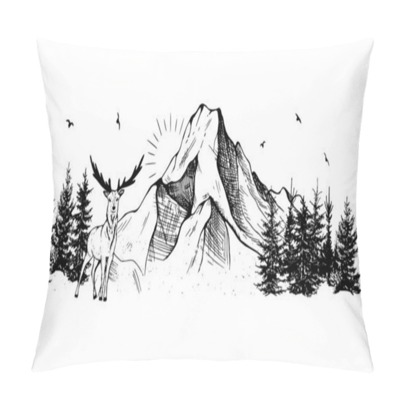 Personality  Mountains With Forest And Deer Vector Sketch Hand Drawing Pillow Covers