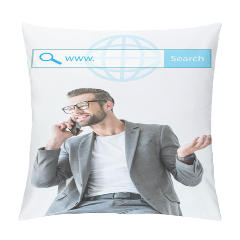 Personality  SEO Developer Talking On Smartphone, Isolated On White With Website Search Bar Pillow Covers