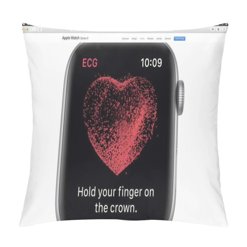 Personality  London, United Kingdom - September 12, 2018: ECG Heart Sensor Heart On Apple Watch Wearable Computer, Seen On Computer MacBook Display After Apple Computers Product Launch Pillow Covers