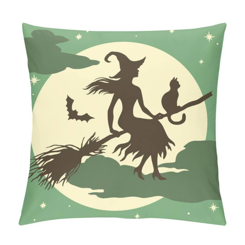 Personality  Flying  Witch Silhouette On Broom With Cat And Bats On Background Of The Full Moon, Halloween Vintage Vector  Illustration For Design, Greeting Card, Invitation. Pillow Covers