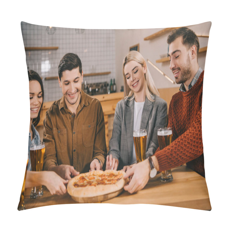 Personality  Cheerful Friends Smiling While Taking Pieces Of Tasty Pizza In Bar Pillow Covers