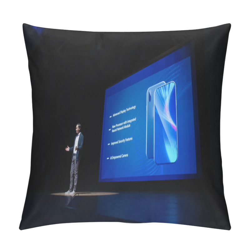 Personality  Live Event With Brand New Products Reveal: Speaker Presents Smartphone Device To Audience. Movie Theater Screen Shows Mock-up Touch Screen Mobile Phone With High-Tech Features And Top Highlights Pillow Covers